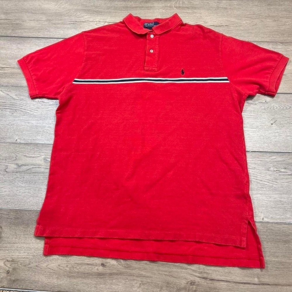 Polo Ralph Lauren Polo Shirt Mens XL Red Navy White Striped Chest Short Sleeve